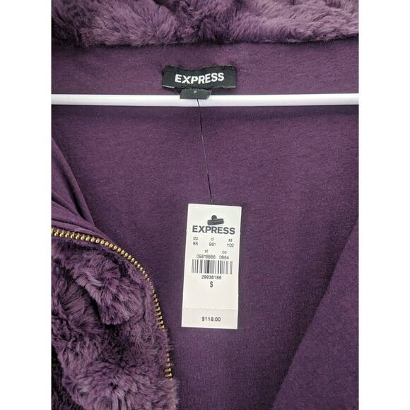 EXPRESS Faux Fur Hooded Deep Purple Teddy Jacket Sz Small w/ Gold Accents - Picture 9 of 14